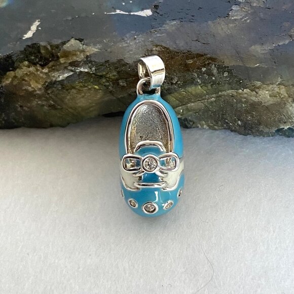 Sterling Silver 925 Blue Blank Engraveable Baby Boy Shoe Pendant Charm Baby Gift - Picture 2 of 14
